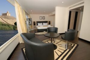Elegantly designed luxury suite inside a Nile cruise ship with river view