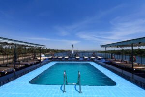 the sundeck pool of a luxury Nile cruise ship