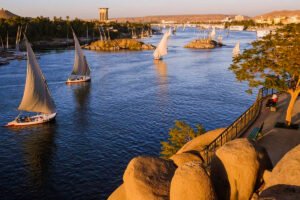 Nile cruise ship sailing along the river in Egypt