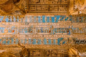 Restored blue astronomical zodiac ceiling at Dendera Temple